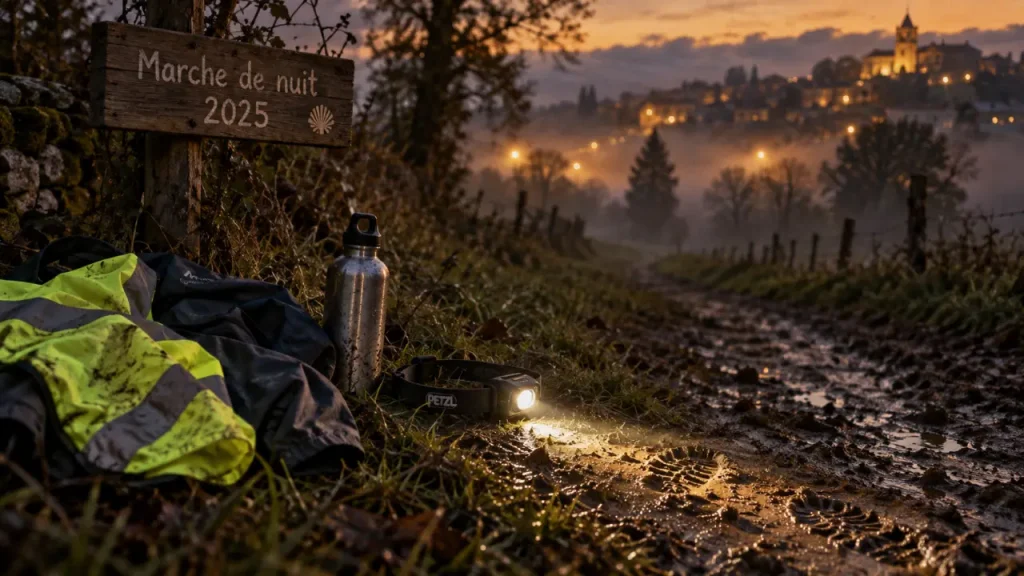 Marche de nuit vic fezensac 2025 : lampe frontale sur chemin boueux
