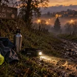Marche de nuit vic fezensac 2025 : lampe frontale sur chemin boueux
