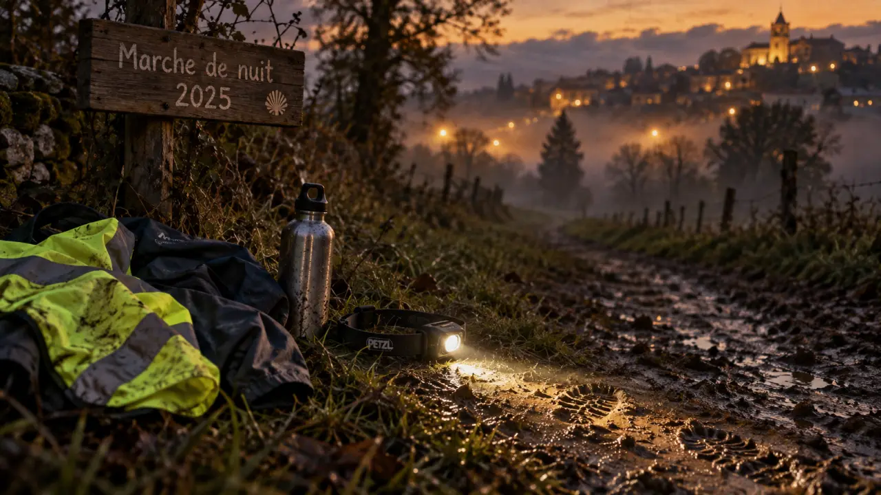 Marche de nuit vic fezensac 2025 : lampe frontale sur chemin boueux