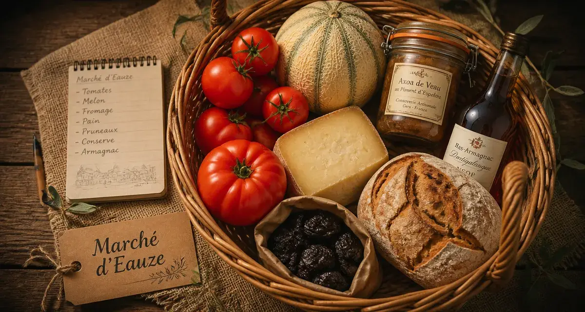 Marché eauze : panier de produits gersois sur un étal