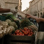 Marché lectoure : étal d’ail, melons et légumes, mains du vendeur