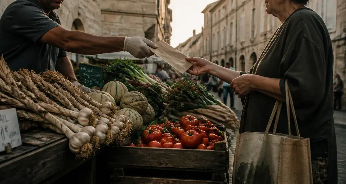 Marché lectoure : étal d’ail, melons et légumes, mains du vendeur