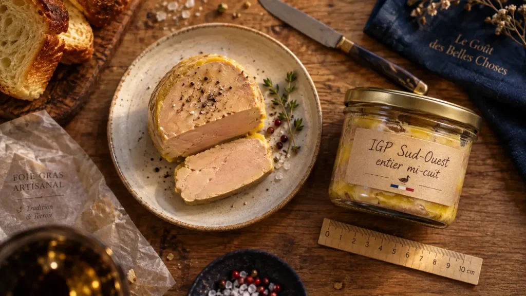Meilleur foie gras gers : terrine mi-cuit et étiquette IGP Sud-Ouest sur table bois.
