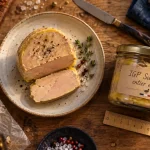 Meilleur foie gras gers : terrine mi-cuit et étiquette IGP Sud-Ouest sur table bois.
