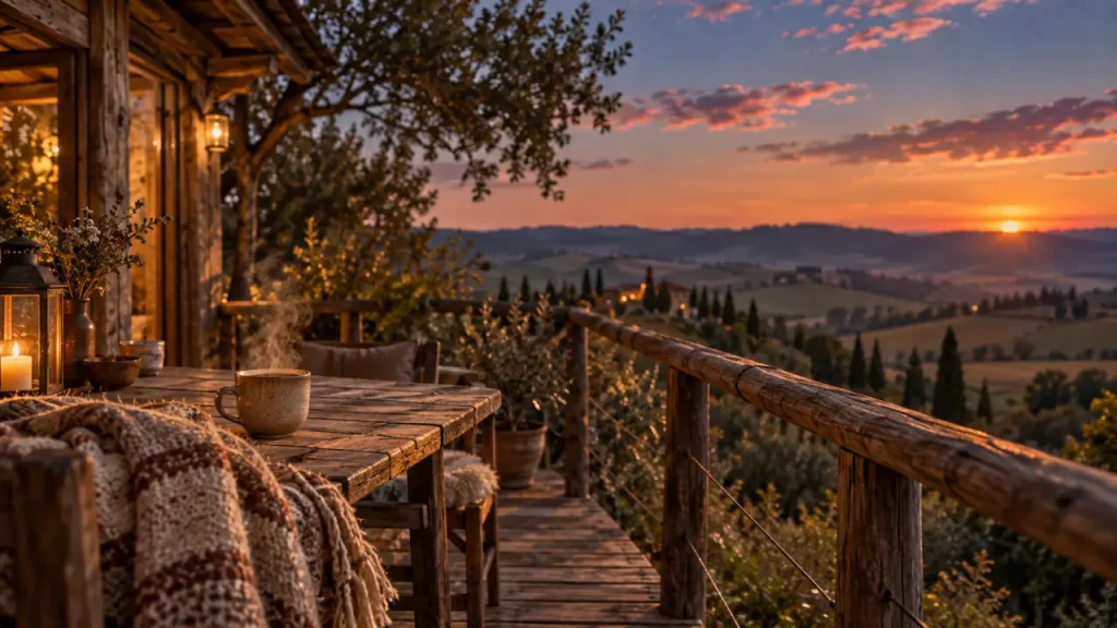 Nuit insolite Gers : cabane terrasse bois au crépuscule