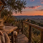 Nuit insolite Gers : cabane terrasse bois au crépuscule