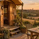 Roulotte dans le Gers au calme, pré au coucher du soleil