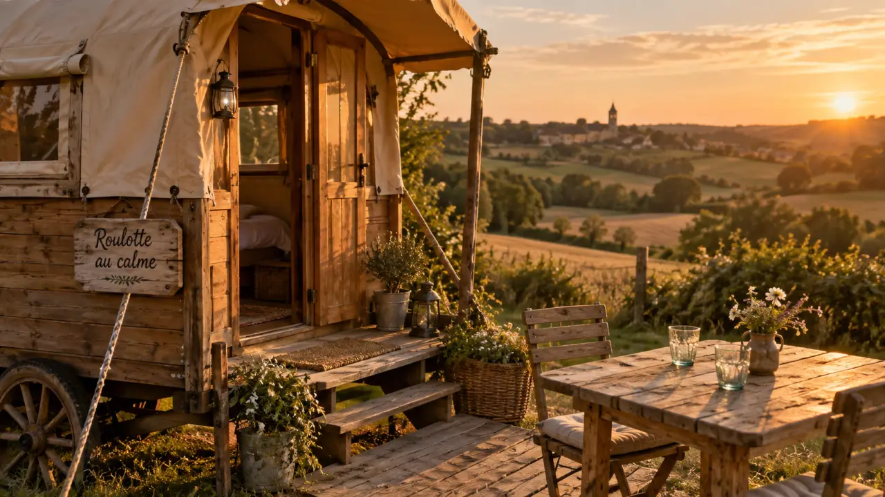 Roulotte dans le Gers au calme, pré au coucher du soleil