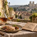 Séjour dans le gers : table sur terrasse à Auch, carnet de voyage et vin