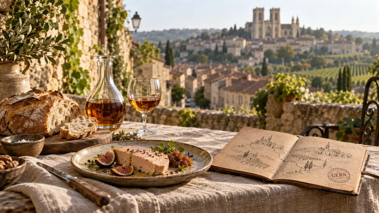 Séjour dans le gers : table sur terrasse à Auch, carnet de voyage et vin