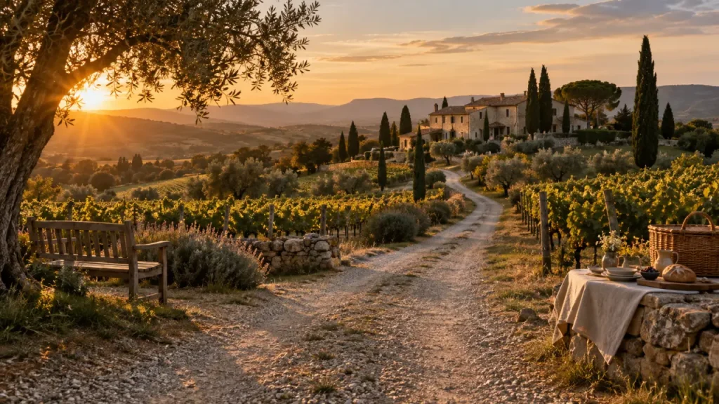 Sorties dans le Gers : route vers une bastide, marché et vignes à la golden hour