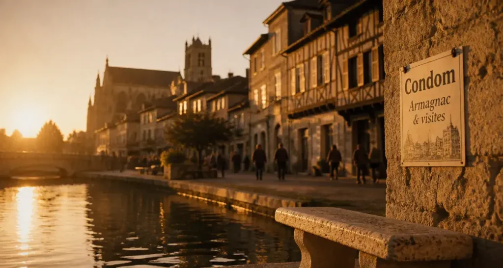Tourisme Condom : cathédrale Saint-Pierre et quai de la Baïse au golden hour