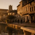 Tourisme Condom : cathédrale Saint-Pierre et quai de la Baïse au golden hour