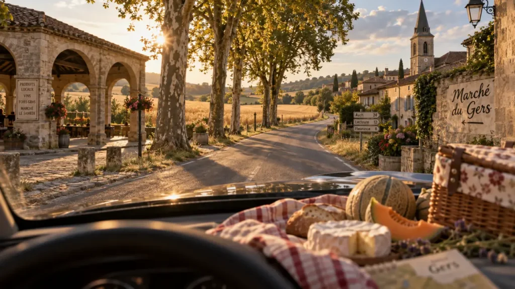 Vacances dans le Gers : route vers un village et le marché