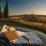 Visite dans le Gers : route de campagne, carte et serviette au golden hour