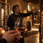 Visite distillerie armagnac gers : verre en chai devant barriques et alambic