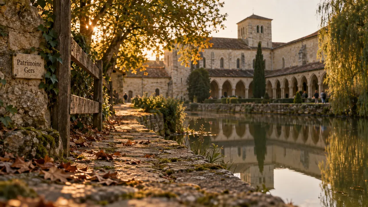 Visite patrimoine gers : allée vers l’abbaye de Flaran au bord de la Baïse
