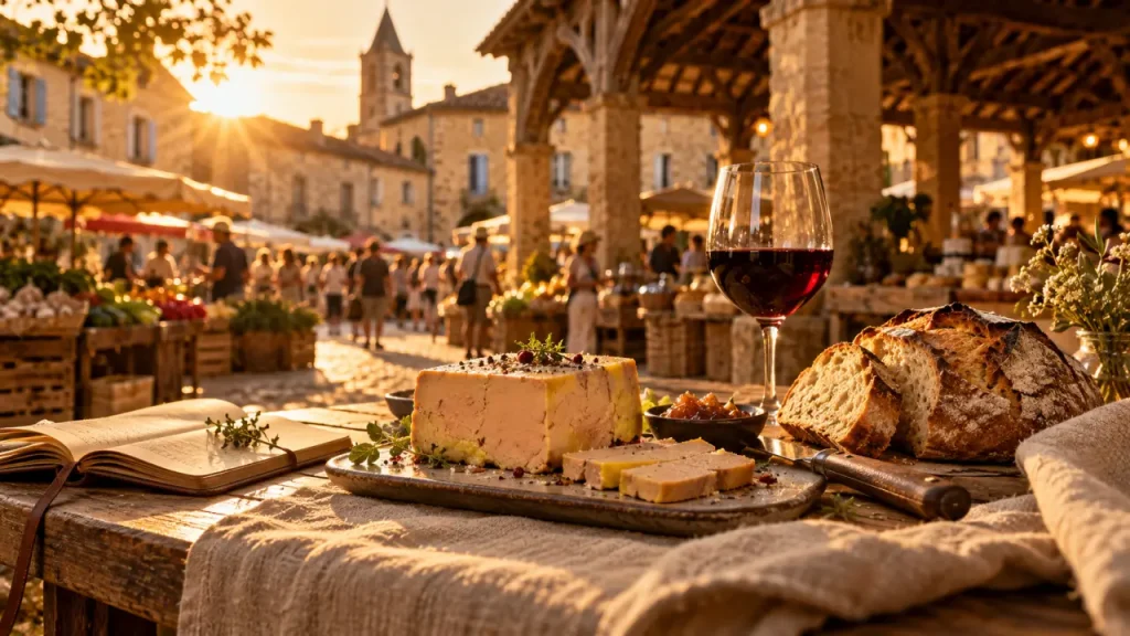 Agenda gers ce week end : marchés gersois et villages gourmands, table en bois et vin rouge