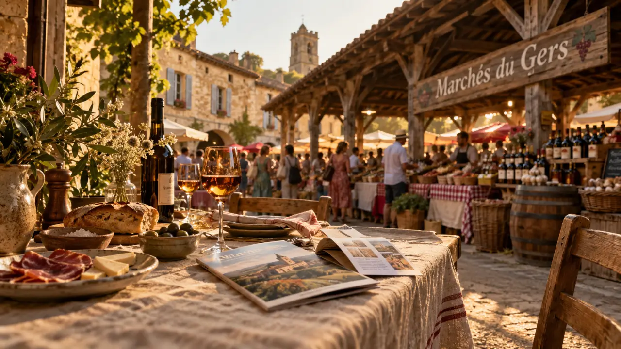 Animations gers ce week end : prospectus office du tourisme sur une terrasse près du marché