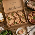 Au village produits du gers : coffret gourmand sur table en bois