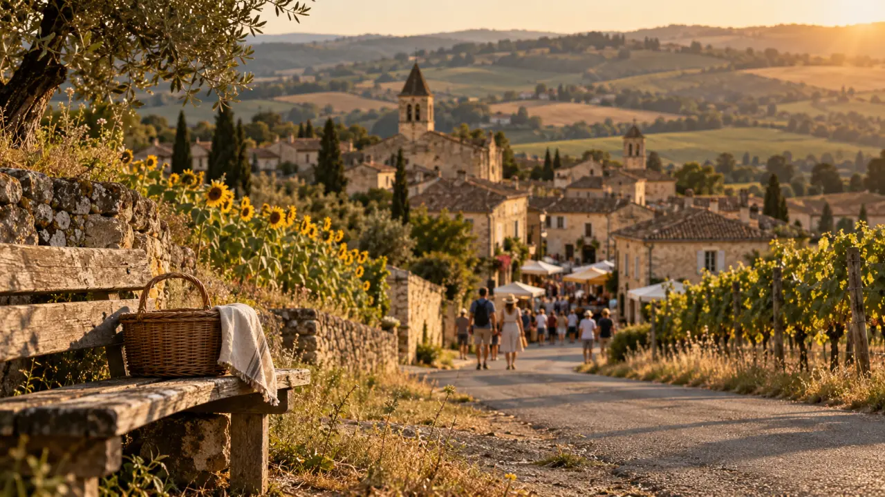 Balade dans le Gers ce week end : village et vignes au coucher du soleil