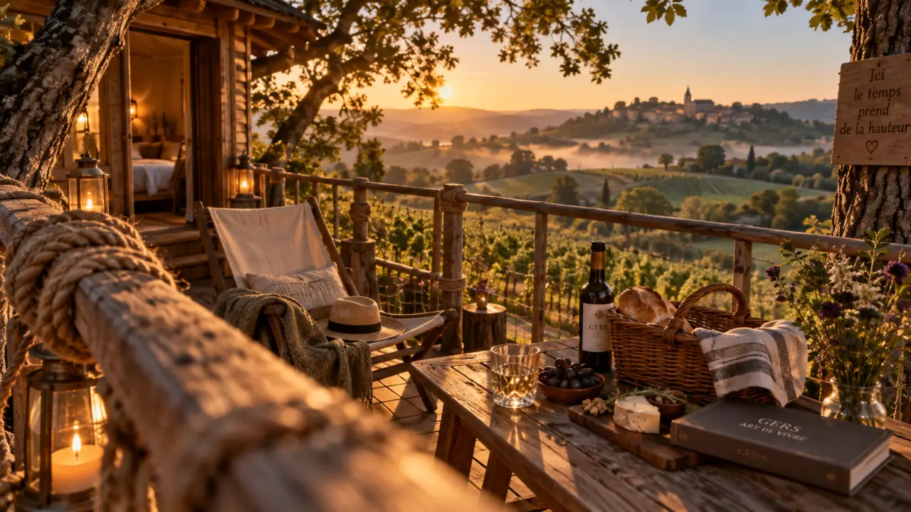 Cabane perchée gers : nuit dans les arbres, terrasse et vue vignes