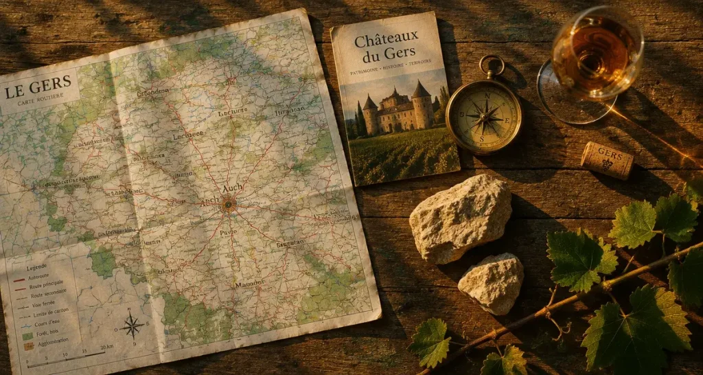 Chateaux du gers a visiter : pierres blondes, Armagnac et villages fortifies sur carte