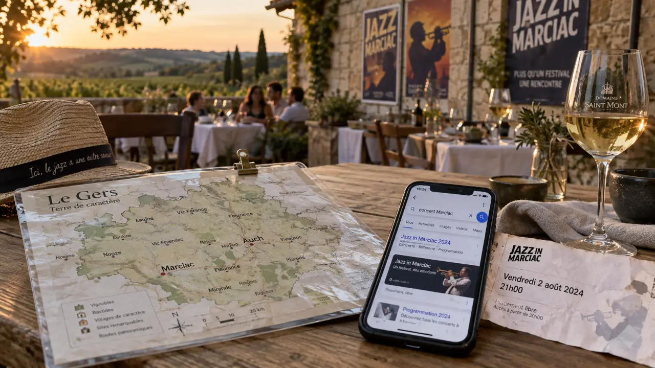 Carte Marciac pour concert gers ce week end sur table, téléphone et affiches jazz