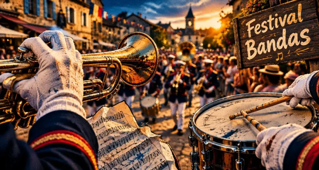 Condom Gers festival bandas : trompette et caisse claire en défilé
