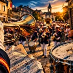 Condom Gers festival bandas : trompette et caisse claire en défilé
