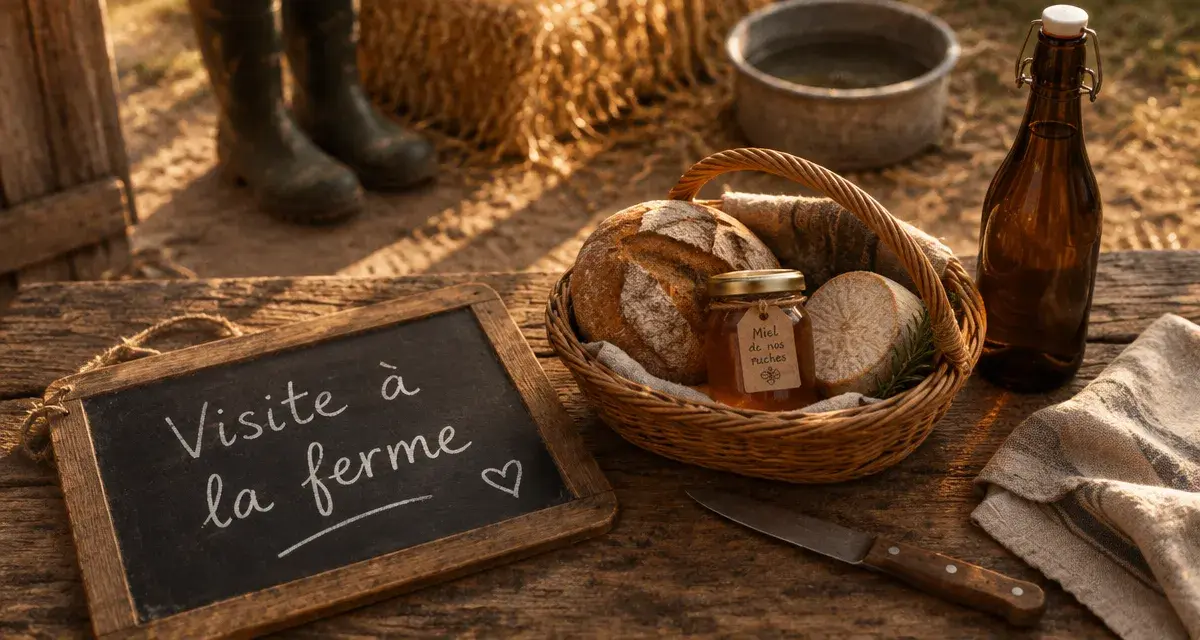 Ferme a visiter gers : visite gersoise, table en bois et produits locaux