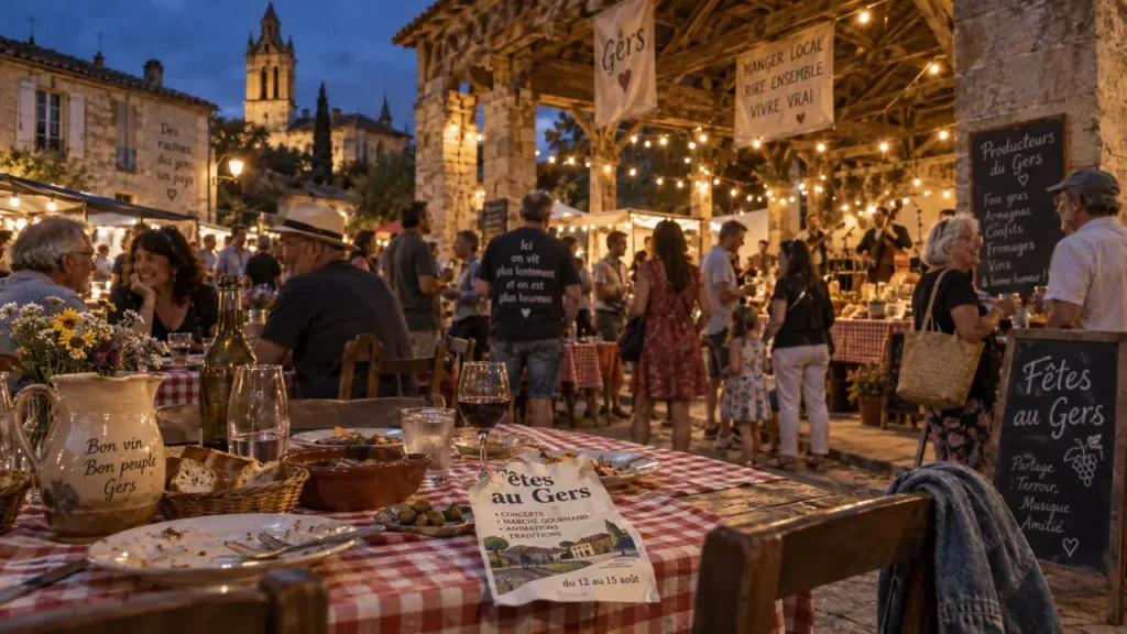 Fêtes dans le Gers ce week end : table et stands sous la halle