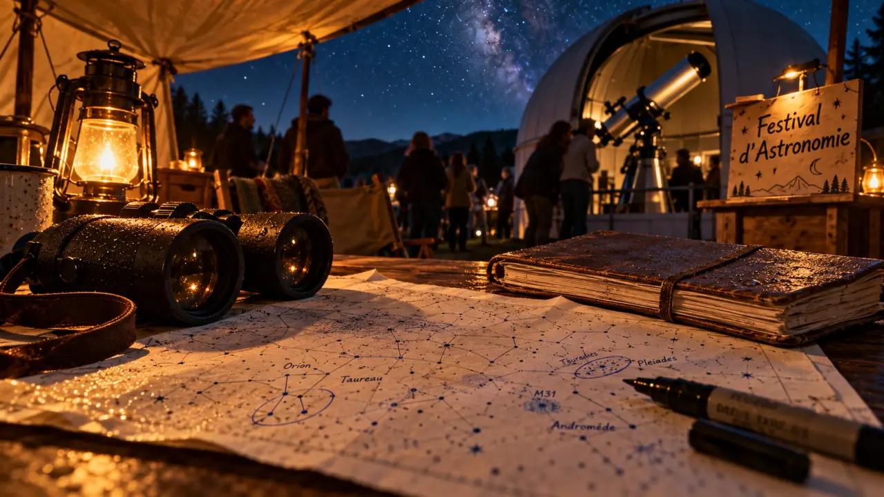 Festival astronomie Gers à Fleurance : télescope sous la tente, jumelles et carte du ciel