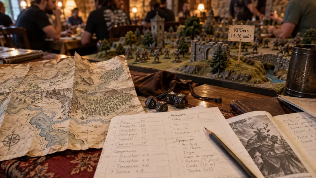 Festival du jeu plaisance du gers : table de jeu de rôle, dés et dépliants à Plaisance-du-Gers