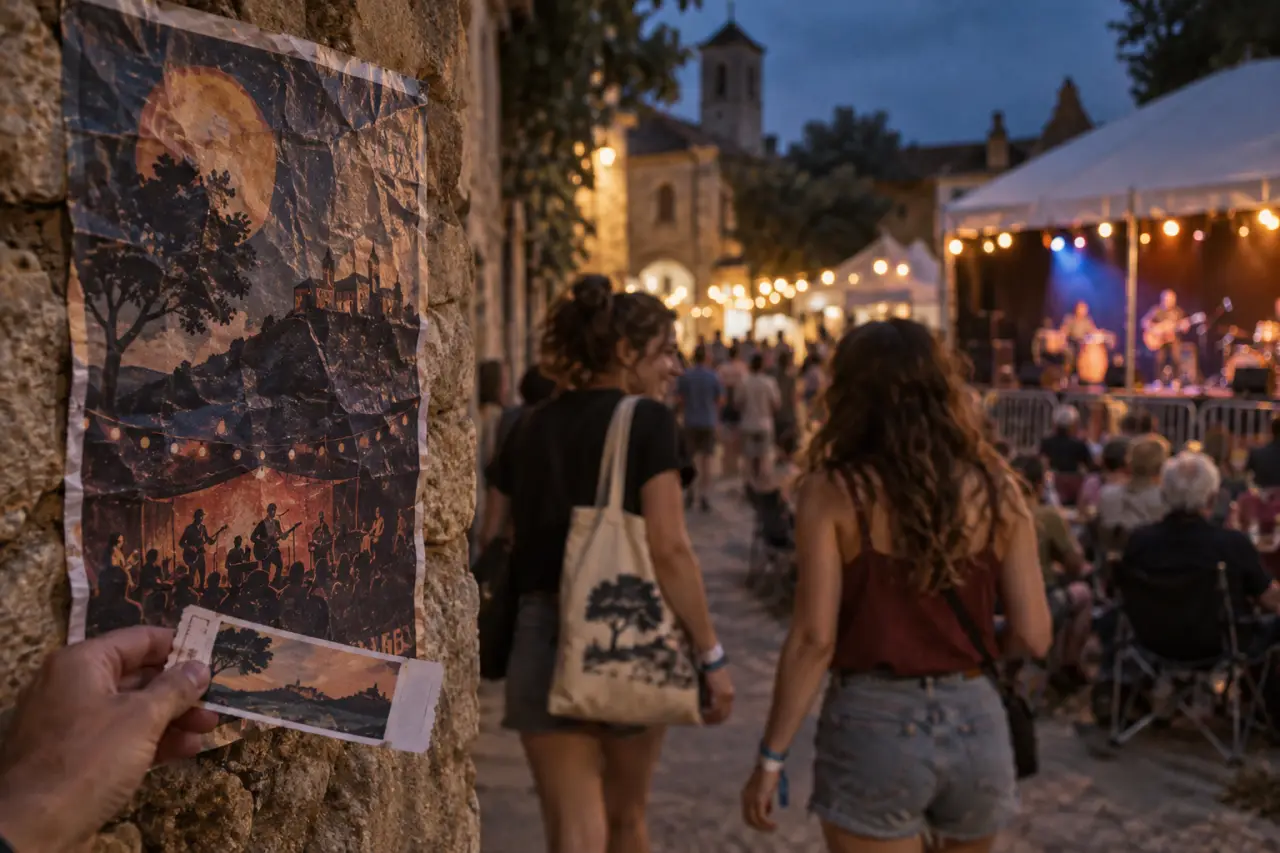 Festival musique Gers : billet et affiche avant concert dans un village