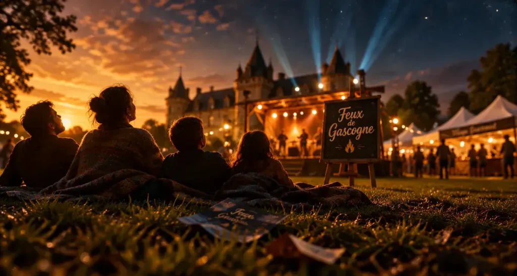Festival pyrotechnique Gers 2025 : Feux de Gascogne au château, public au ciel nocturne