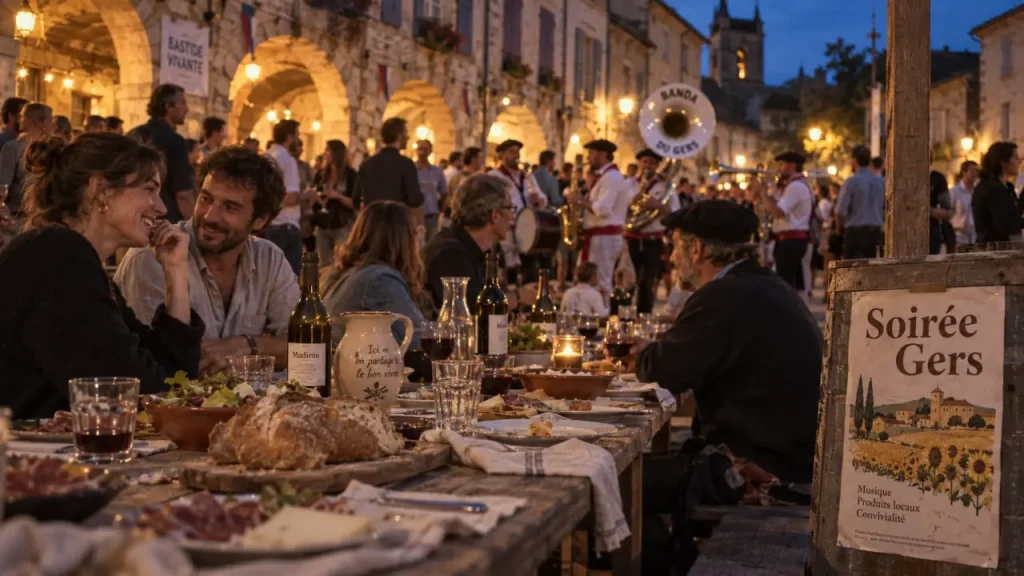 Festivités Gers : table en bois et produits locaux sur une place