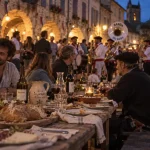 Festivités Gers : table en bois et produits locaux sur une place