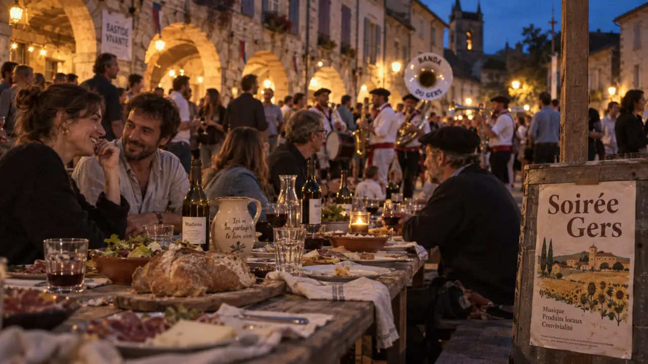 Festivités Gers : table en bois et produits locaux sur une place
