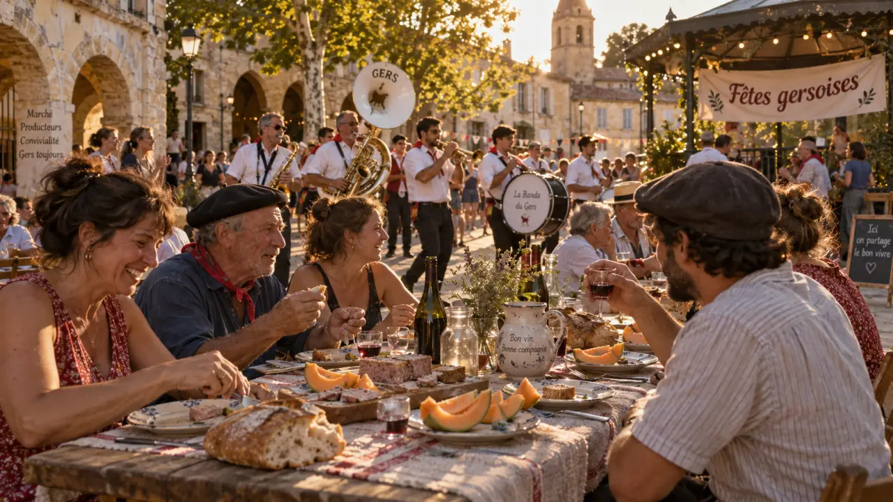 Fetes gers : tablée et banda sur une place du Gers