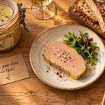 Foie gras d'oie gers : fine tranche fondante sur assiette crème
