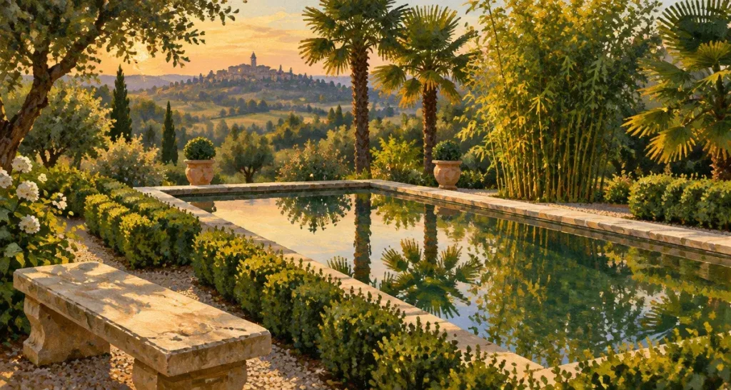 Jardin gascon dans le Gers : ombre, bassin et allée bordée de buis