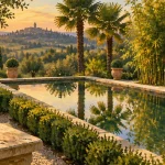 Jardin gascon dans le Gers : ombre, bassin et allée bordée de buis