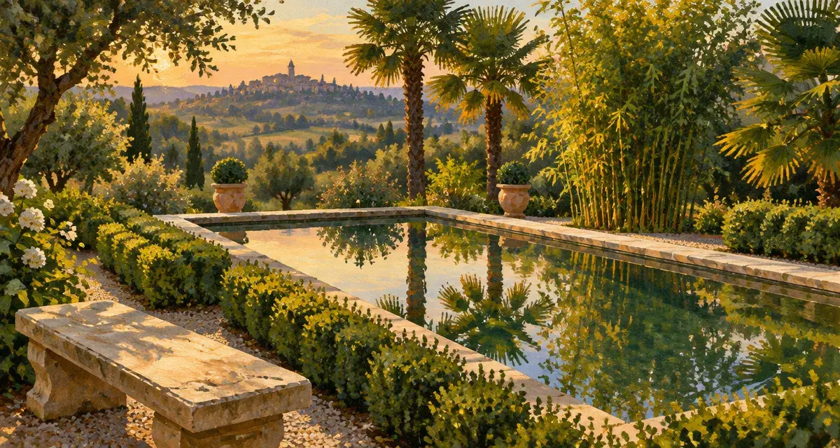 Jardin gascon dans le Gers : ombre, bassin et allée bordée de buis