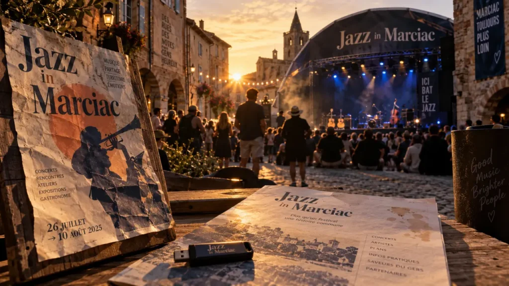 Festival jazz gers à Marciac : chapiteau et spectateurs en golden hour