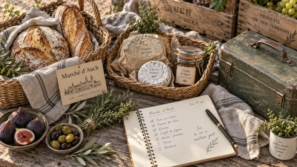 Jour de marché auch : panier local, pain et fromages au marché d’Auch