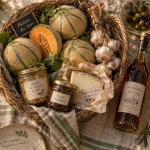 Jour de marché dans le Gers : panier de marché, melons et produits locaux