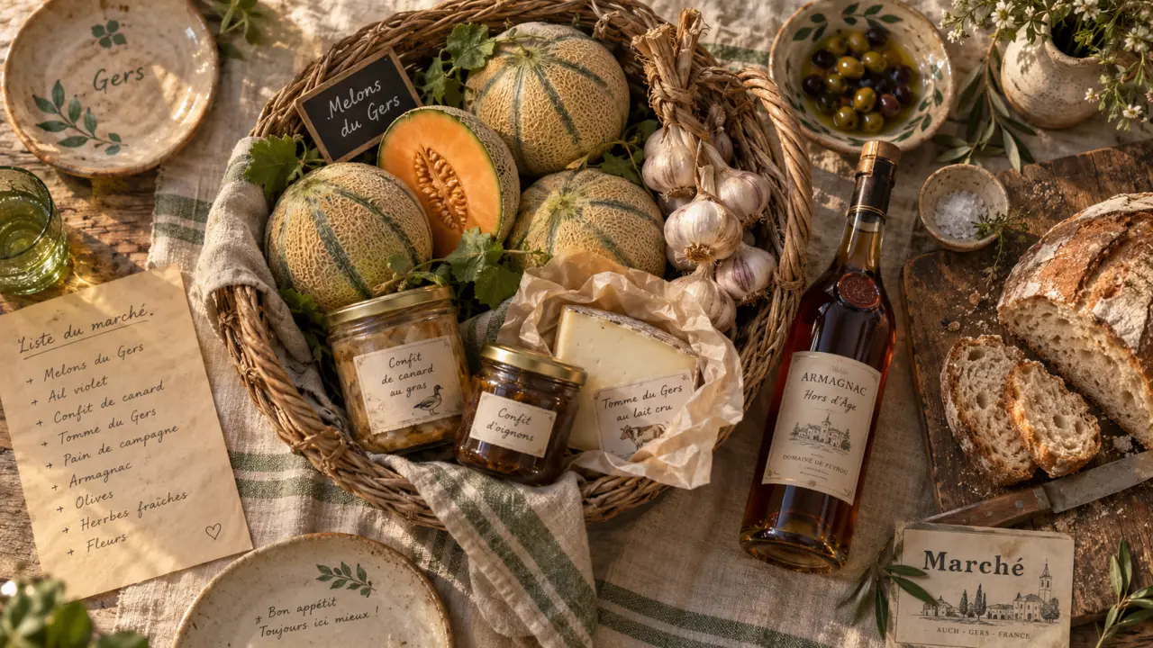 Jour de marché dans le Gers : panier de marché, melons et produits locaux