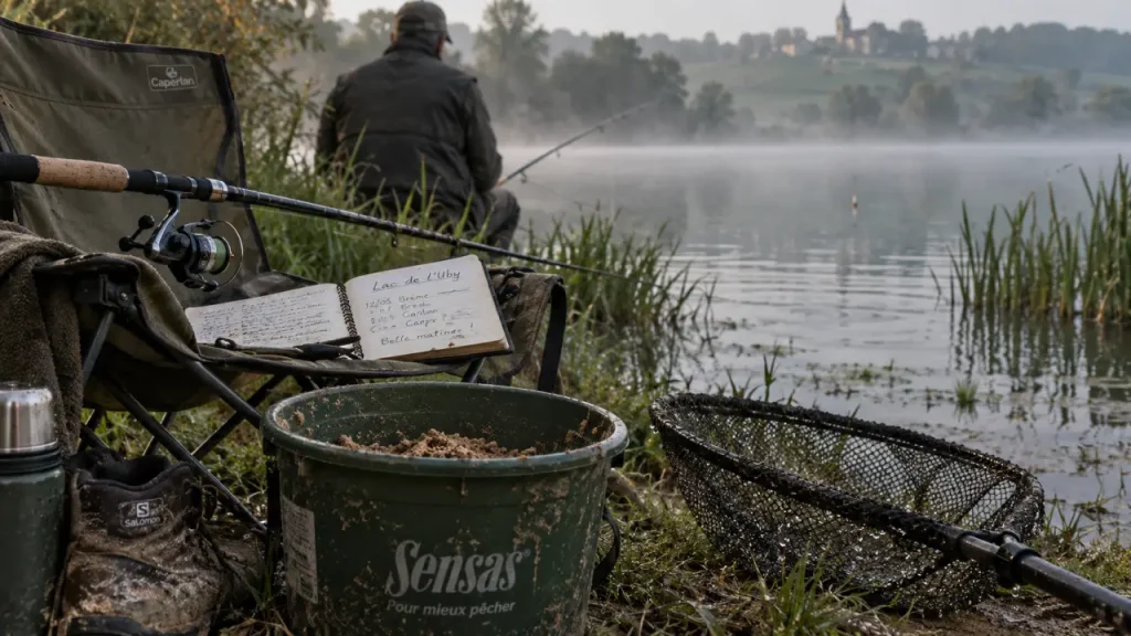 Lac de l'uby peche : pêche au bord du lac, canne et épuisette
