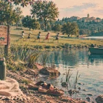 lac des trois vallées lectoure : baignade au bord du lac, serviette et gourde